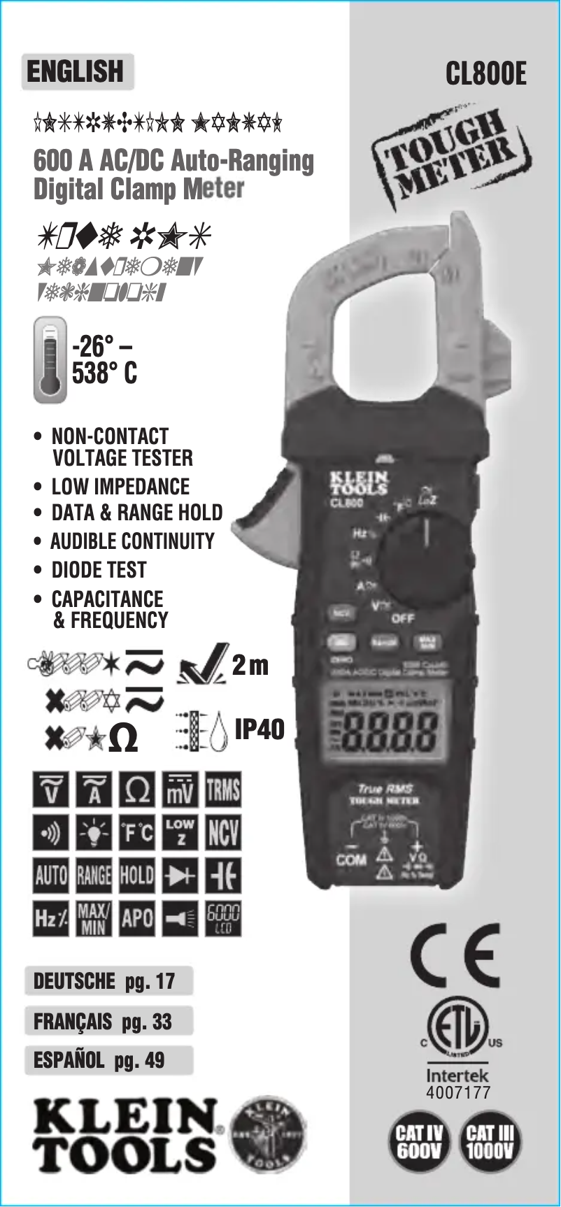 Page 1 de la notice Manuel utilisateur Klein Tools CL800