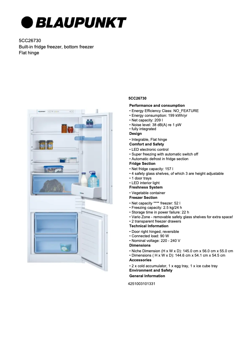 Page 1 de la notice Fiche technique Blaupunkt 5CC 26730