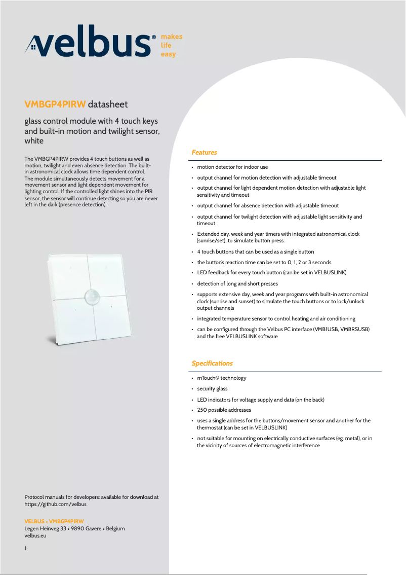 Page 1 de la notice Fiche technique Velbus VMBGP4PIRW