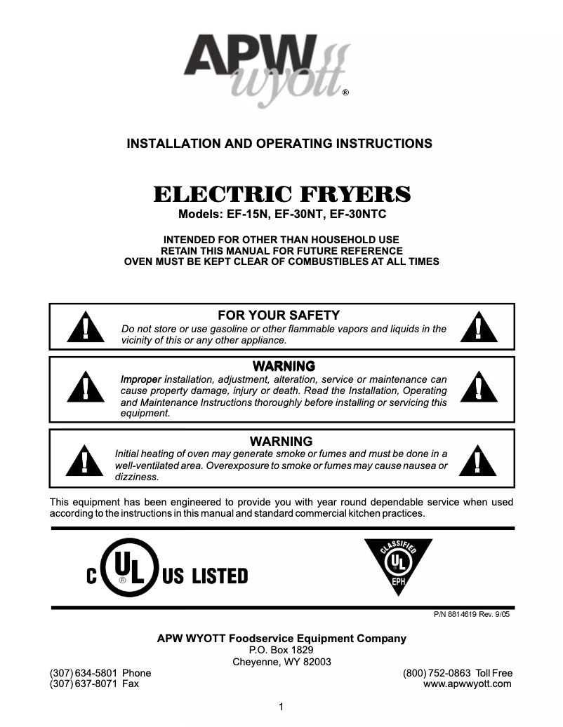 Page 1 de la notice Manuel utilisateur APW Wyott EF-15iN