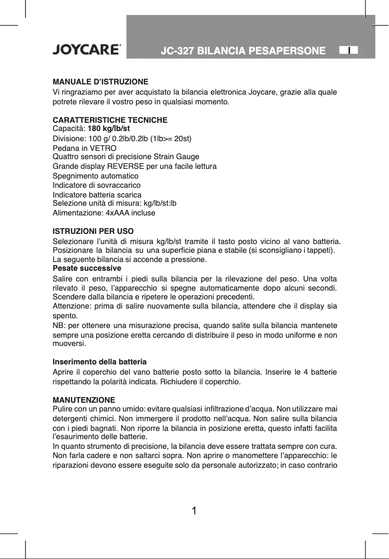 Page 1 de la notice Manuel utilisateur Joycare JC-327