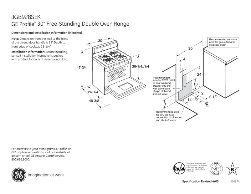 Page 1 of the manual Technical Sheet GE Profile JGB928SEKSS