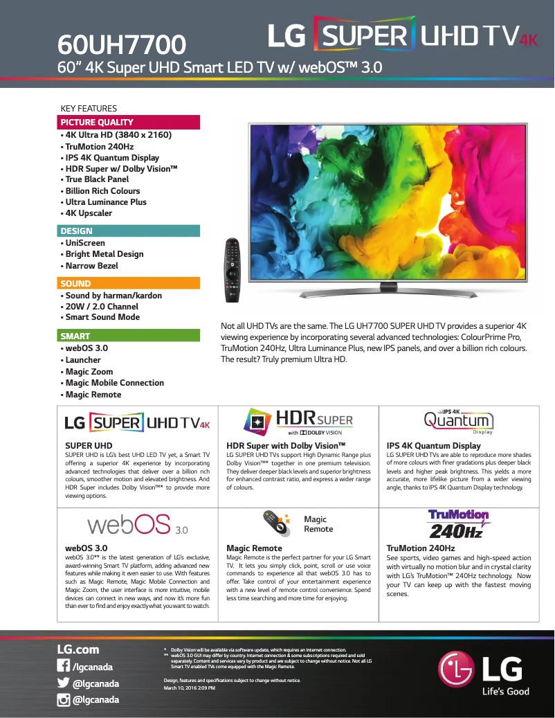 Page 1 de la notice Fiche technique LG 60UH7700