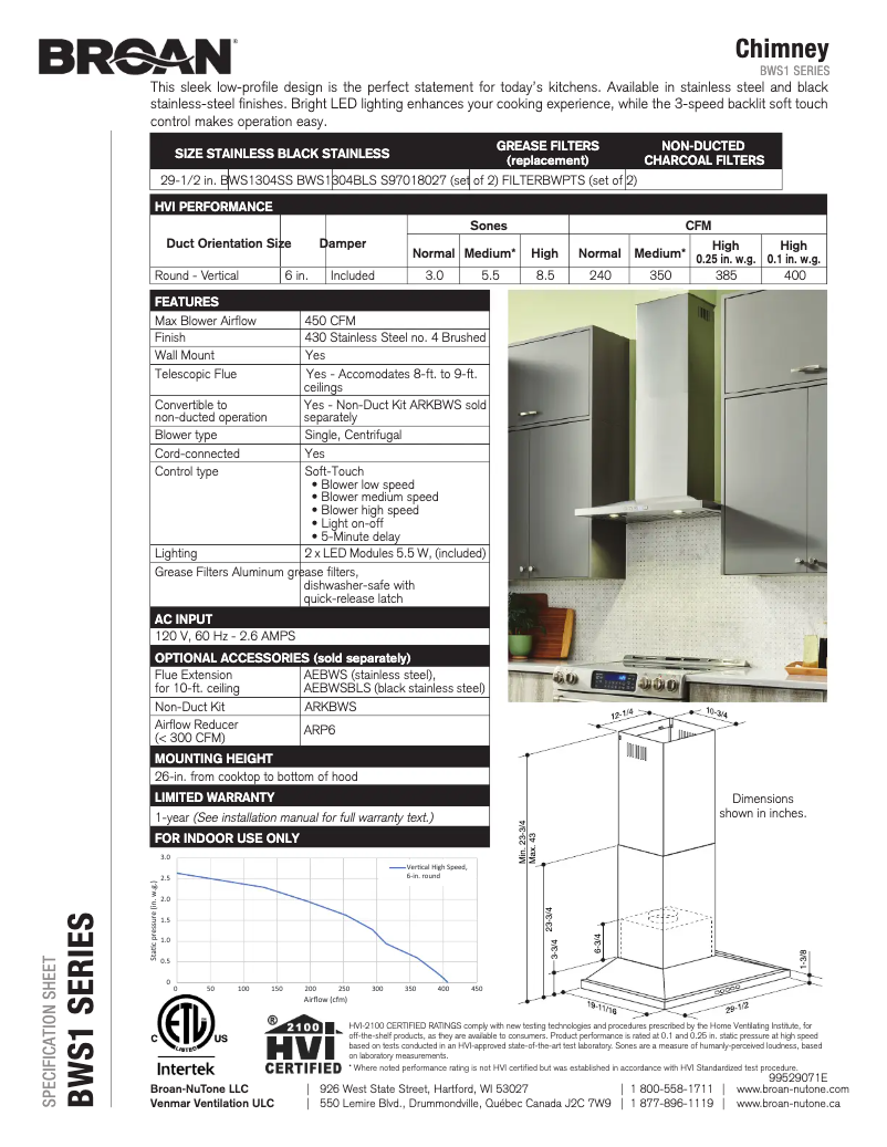 Page 1 of the manual Technical Sheet Broan BWS1304SS