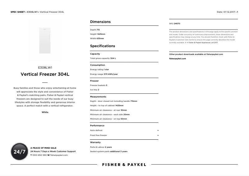 Página 1 del manual Ficha técnica Fisher & Paykel E308LW1