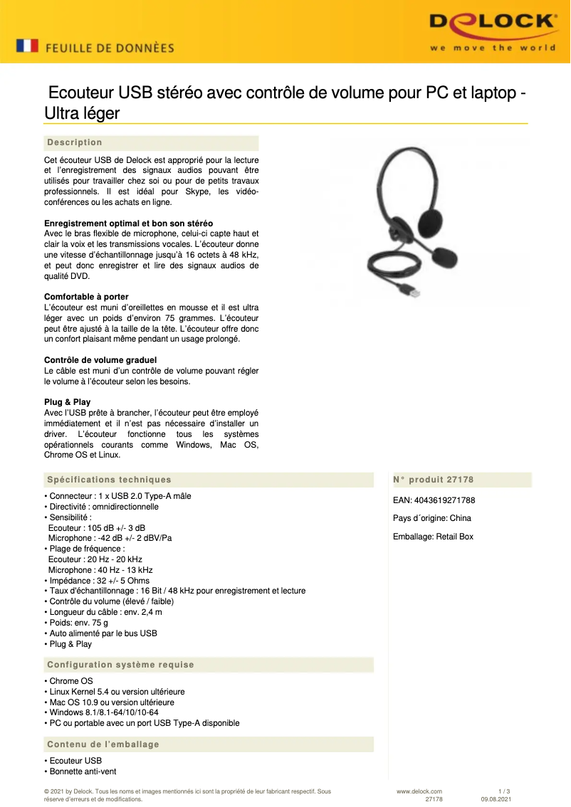 Page 1 de la notice Manuel utilisateur DeLOCK 27178