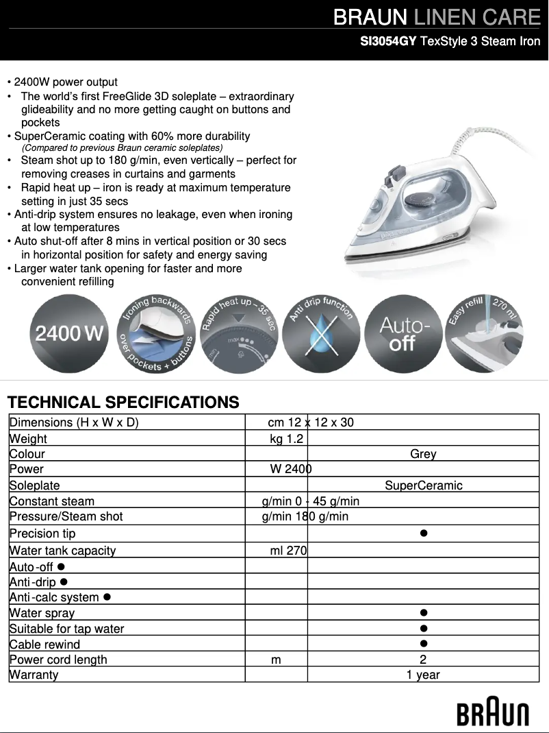 Page 1 de la notice Fiche technique Braun TexStyle 3