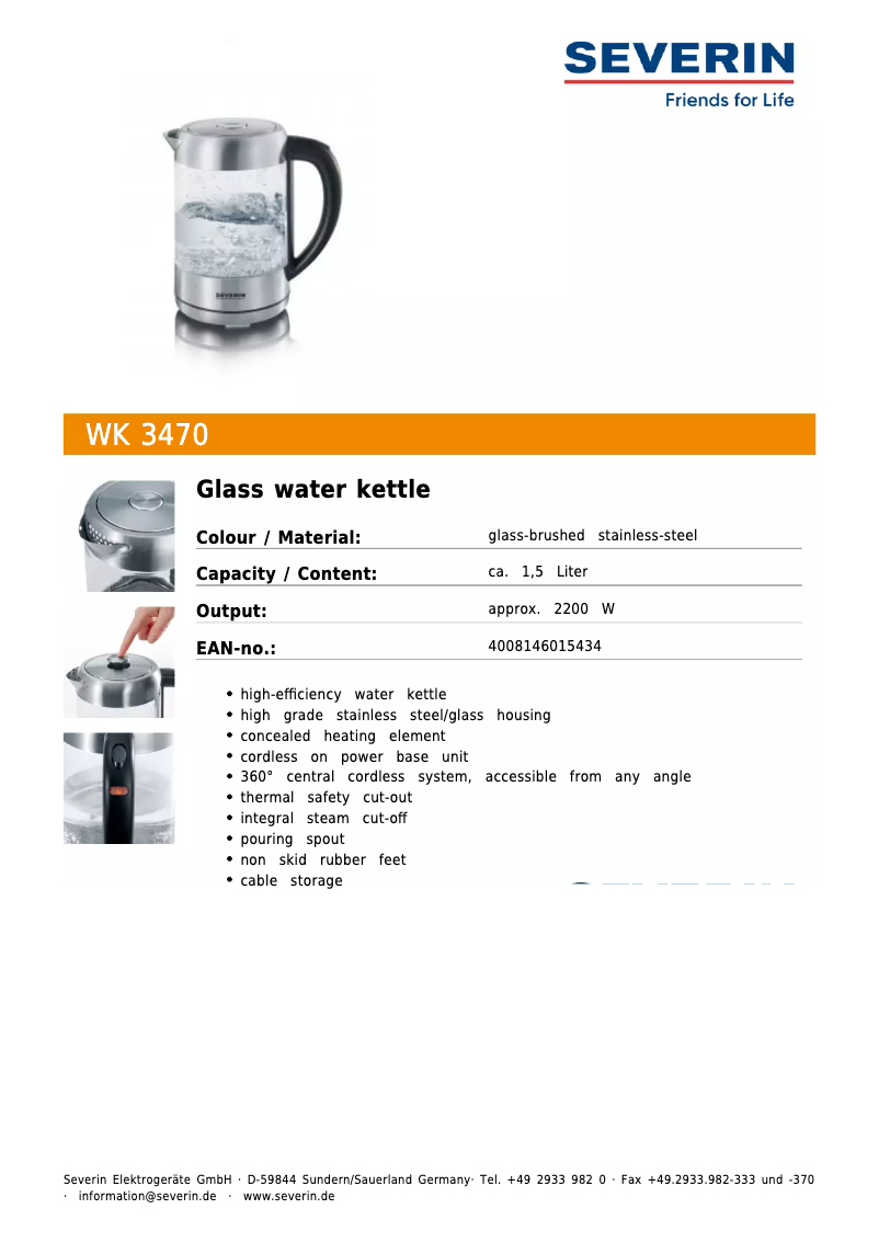 Page 1 de la notice Fiche technique Severin WK 3470