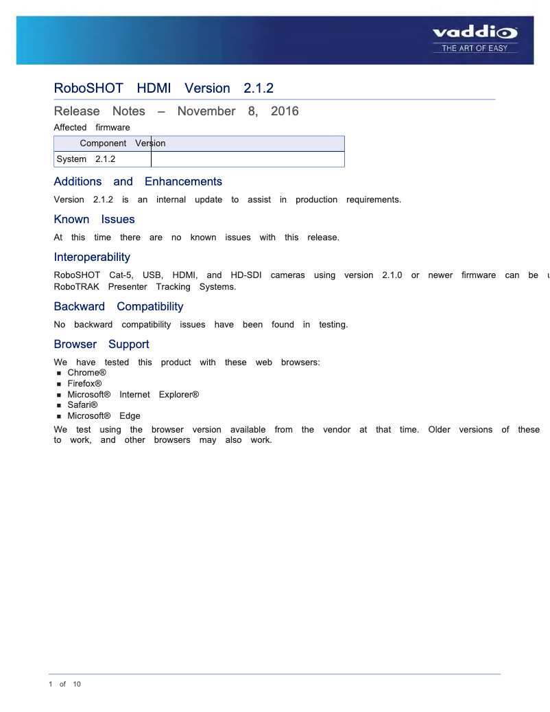 Page 1 of the manual User Manual Vaddio ROBOSHOT 12 HDMI