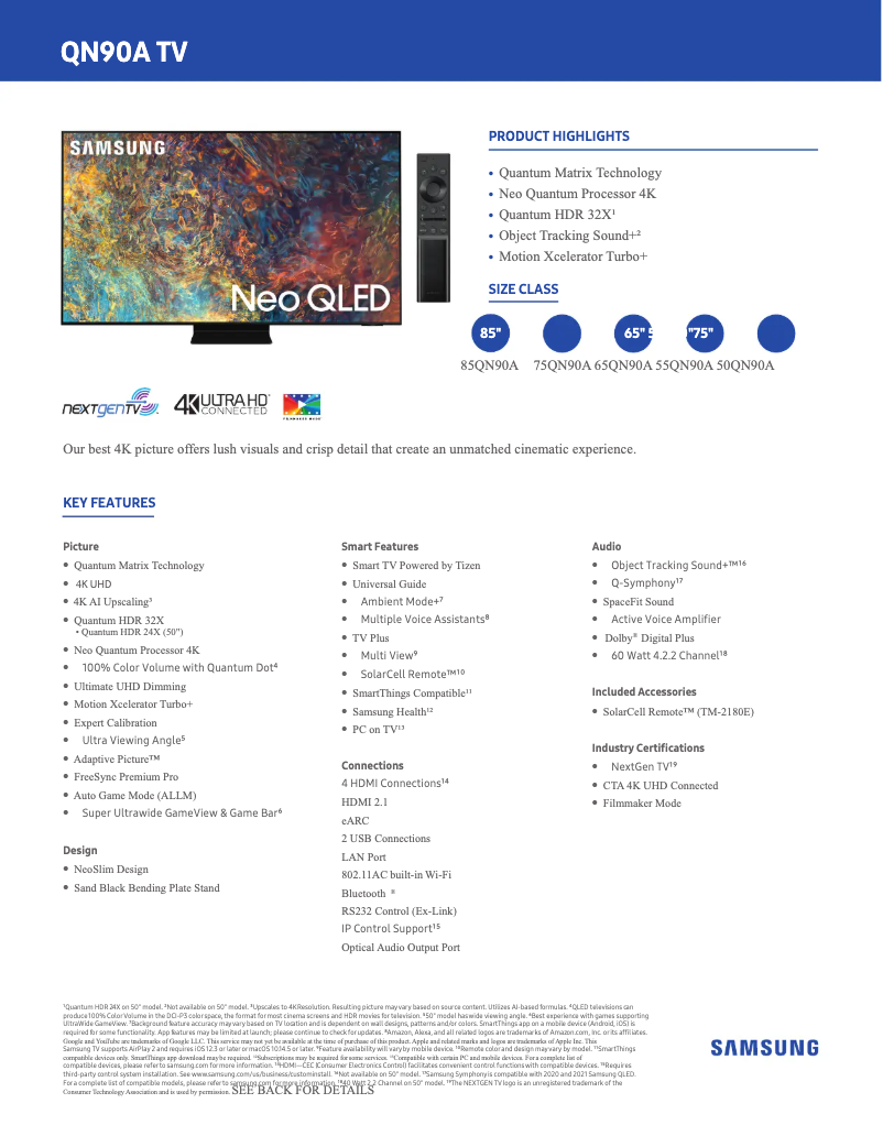 Página 1 del manual Ficha técnica Samsung QN65QN90A