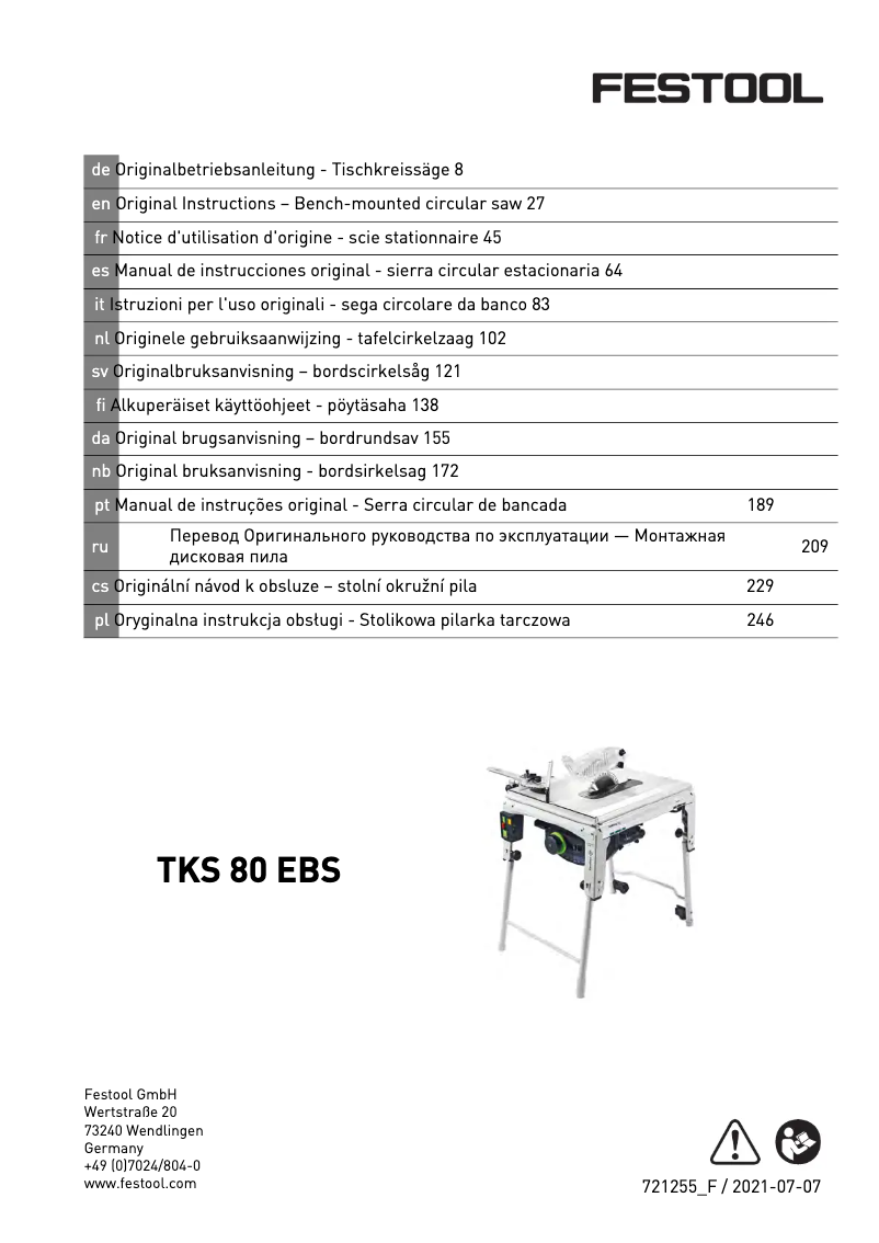 Page 1 de la notice Manuel utilisateur Festool TKS 80 EBS
