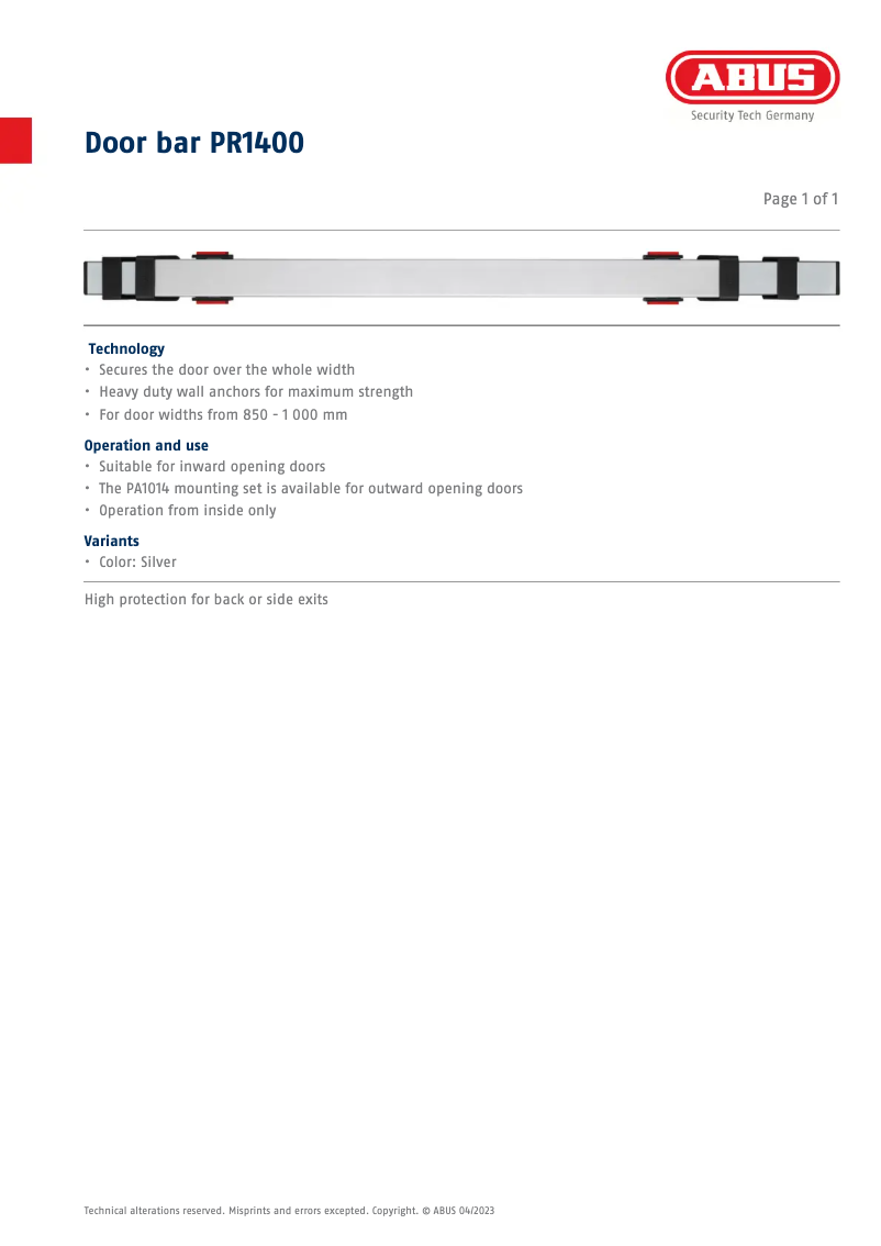 Page 1 de la notice Fiche technique Abus Bar