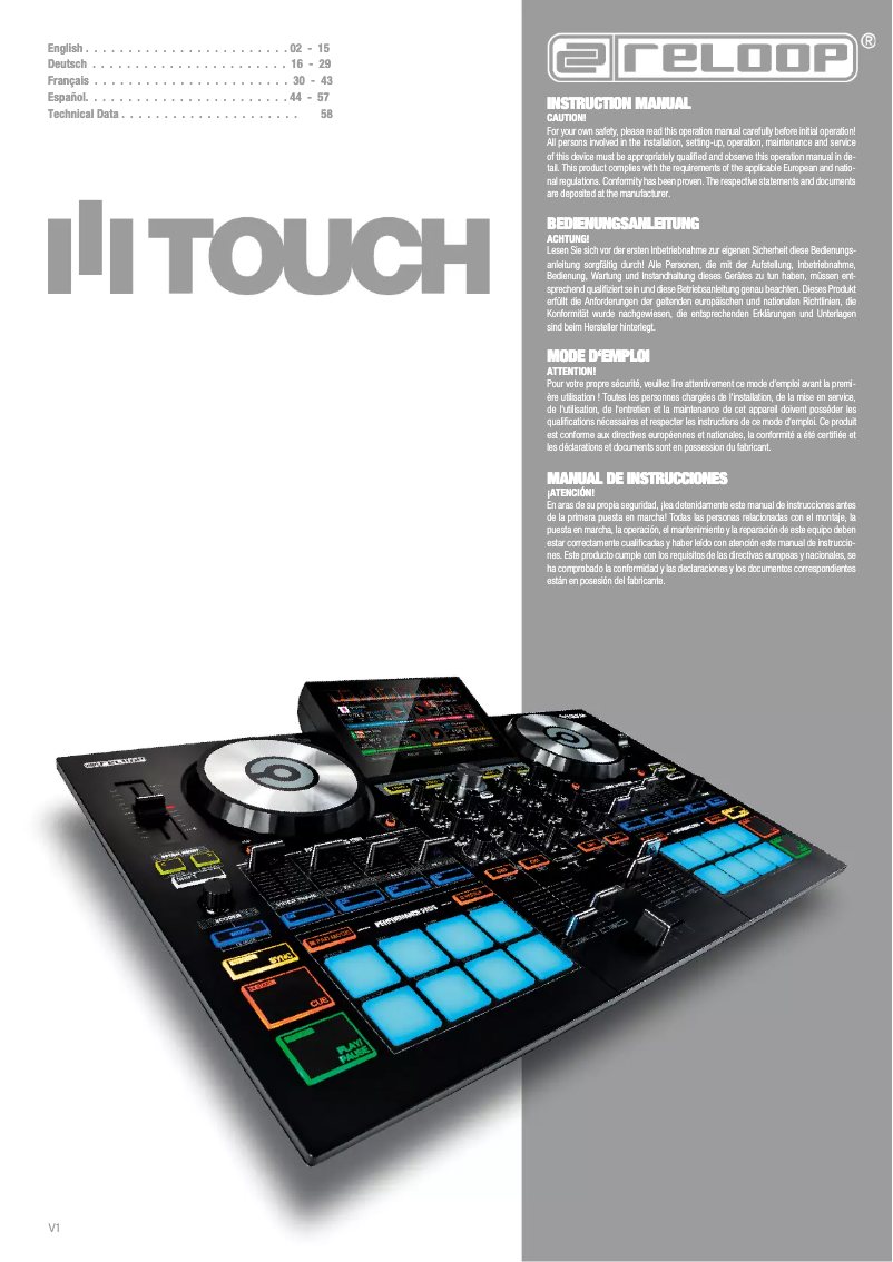 Page 1 de la notice Manuel utilisateur Reloop Touch