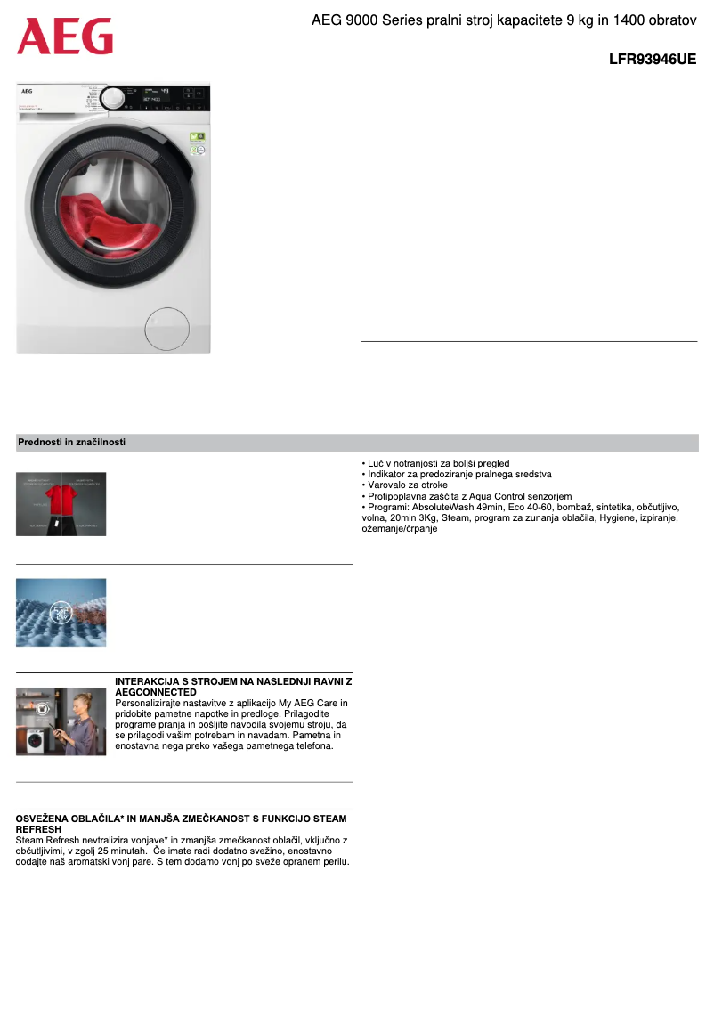 Página 1 del manual Ficha técnica AEG 9000 Series LFR93946UE