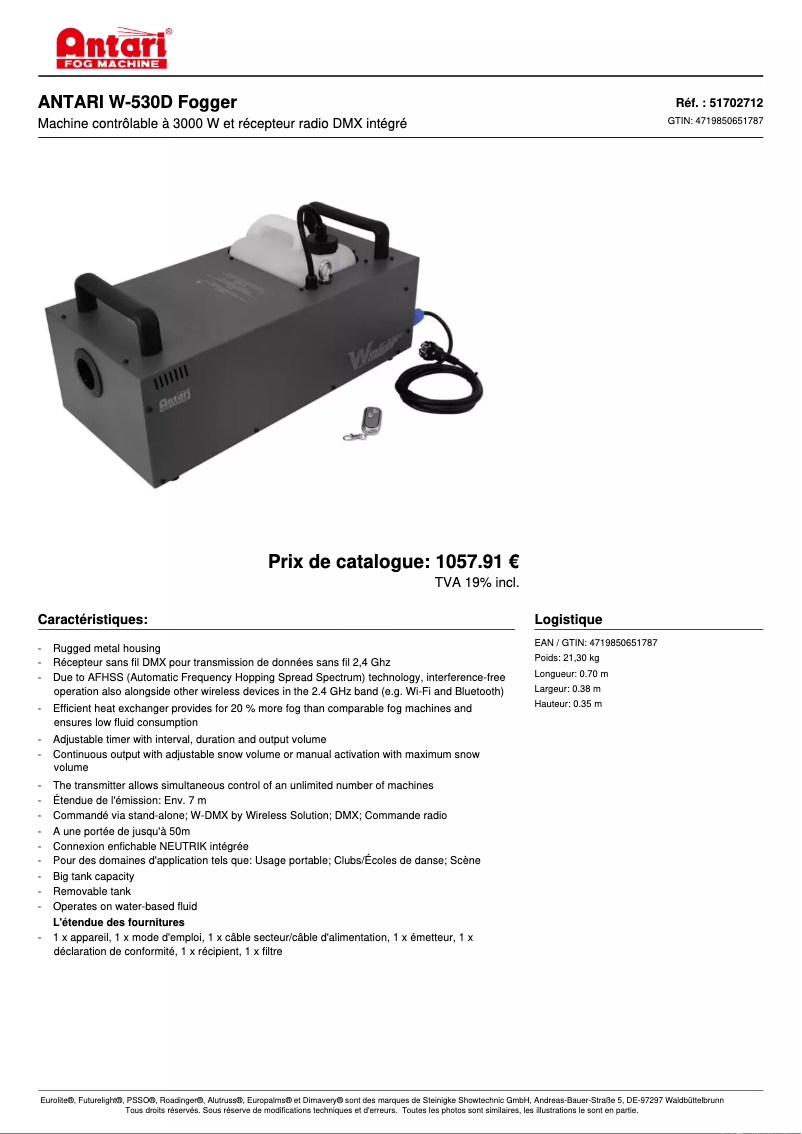 Page 1 de la notice Fiche technique Antari W-530D