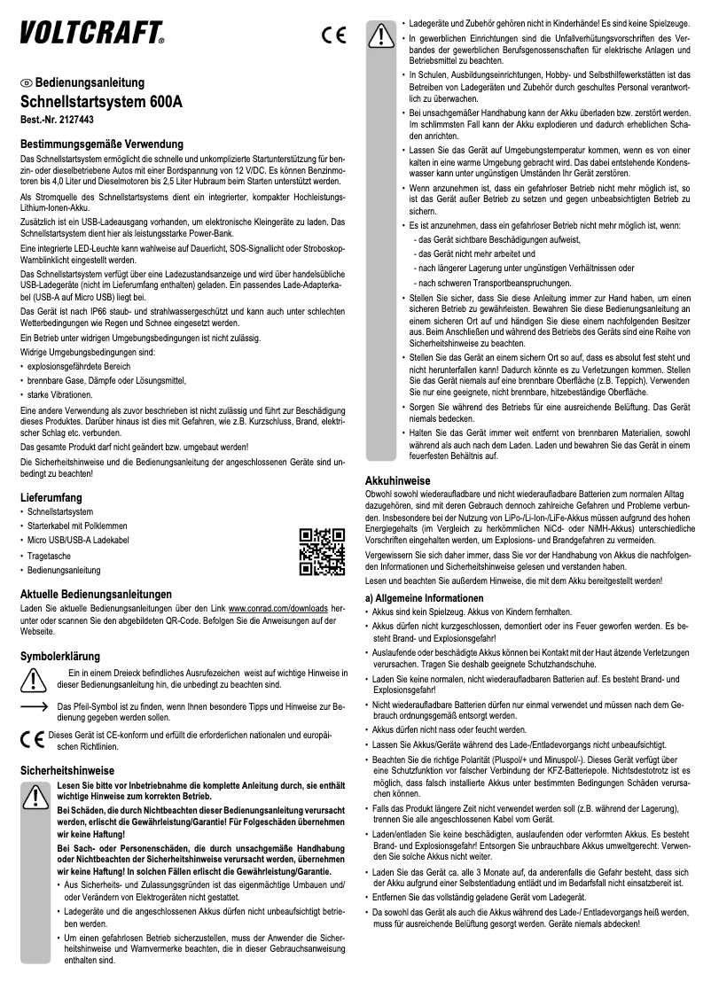 Page 1 de la notice Manuel utilisateur Voltcraft Quick Start System 600A