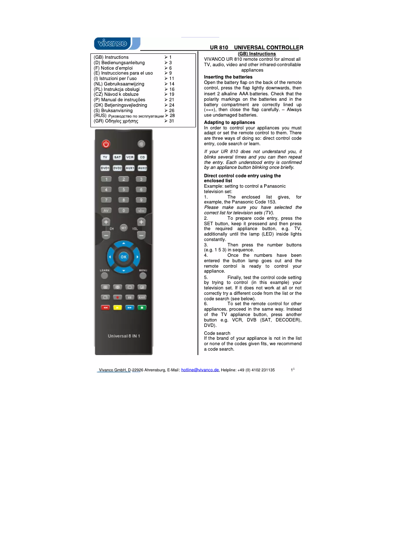 Page 1 de la notice Manuel utilisateur Vivanco UR 810