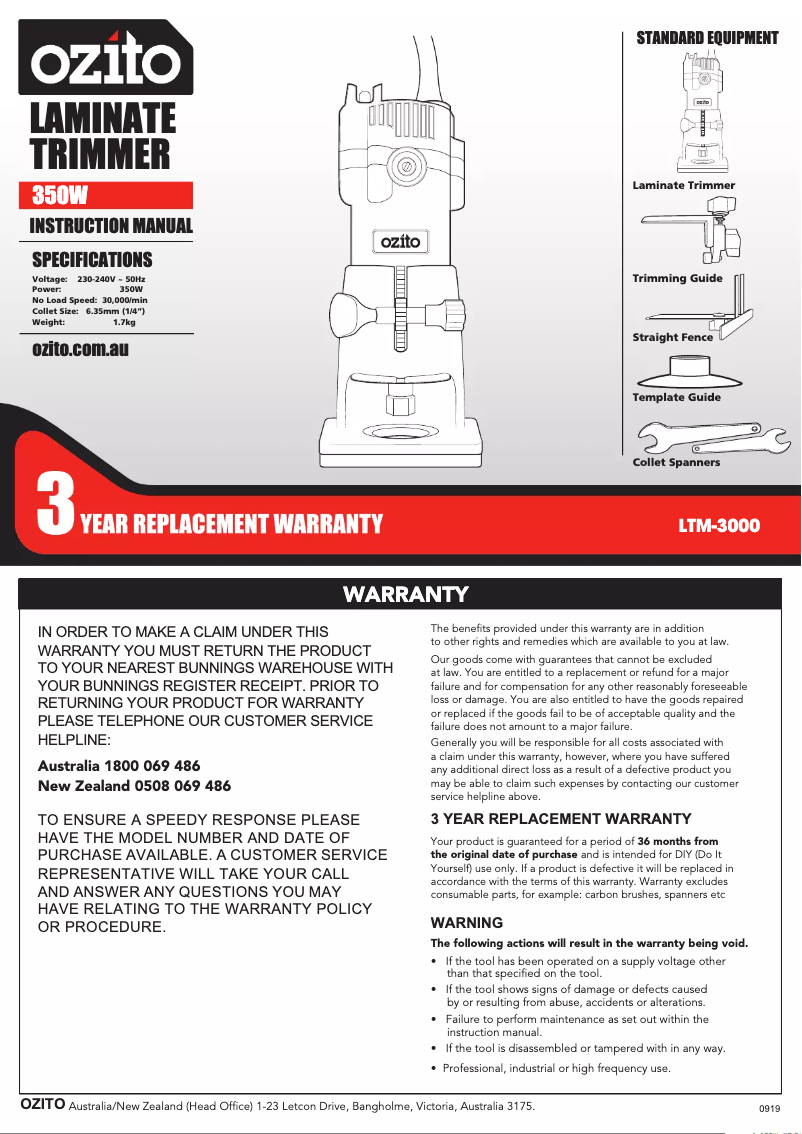 Page 1 de la notice Manuel utilisateur Ozito LTM-3000