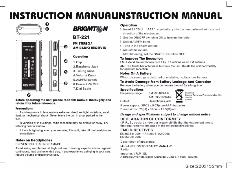 Page 1 de la notice Manuel utilisateur Brigmton BT-221