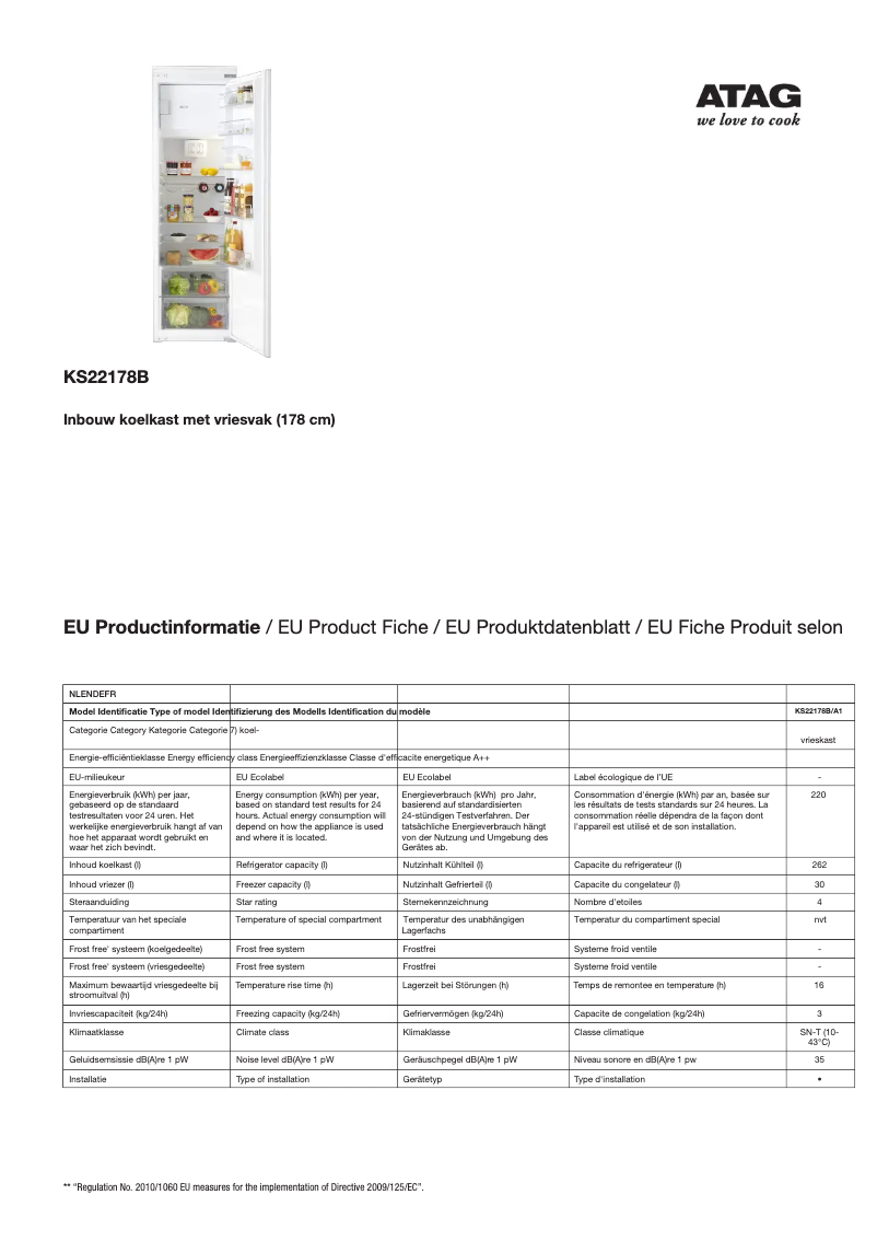 Page 1 de la notice Fiche technique Atag KS22178B