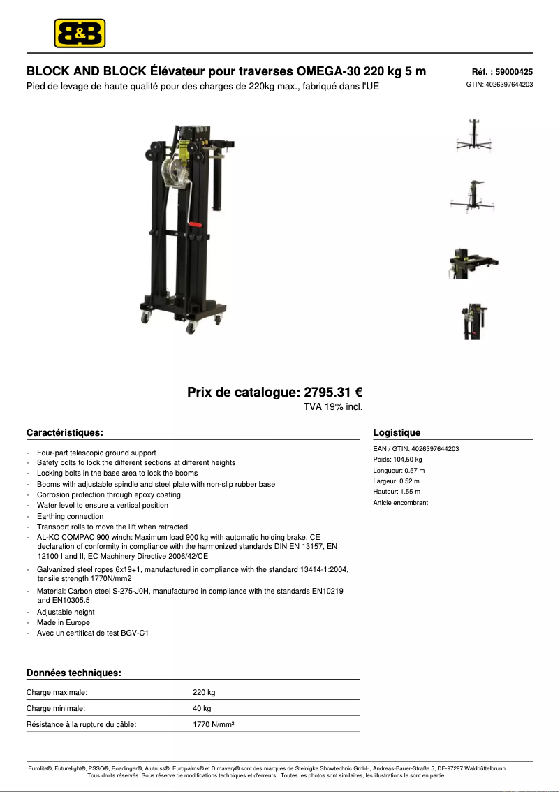 Page 1 de la notice Fiche technique Block & Block OMEGA-30