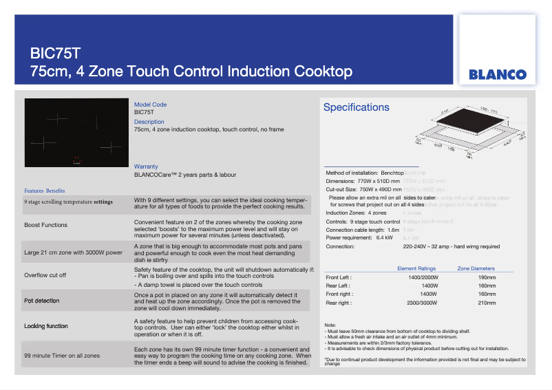 Page 1 de la notice Fiche technique BLANCO BIC75T