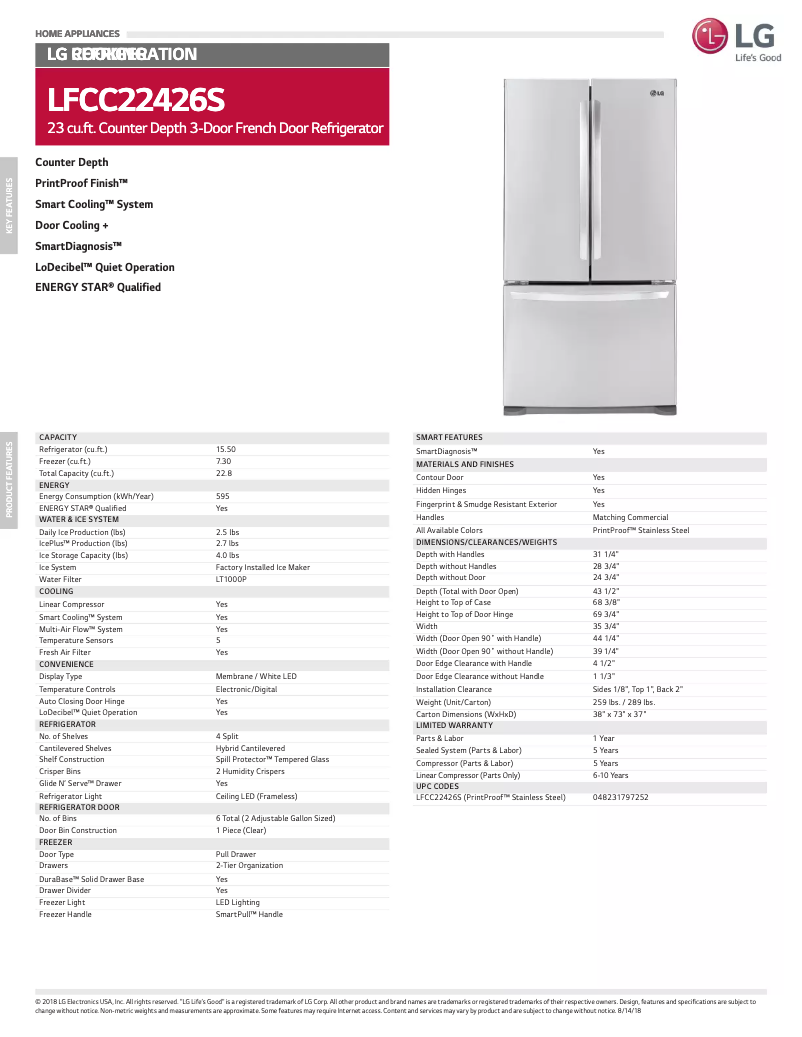 Page 1 de la notice Fiche technique LG LFCC22426S