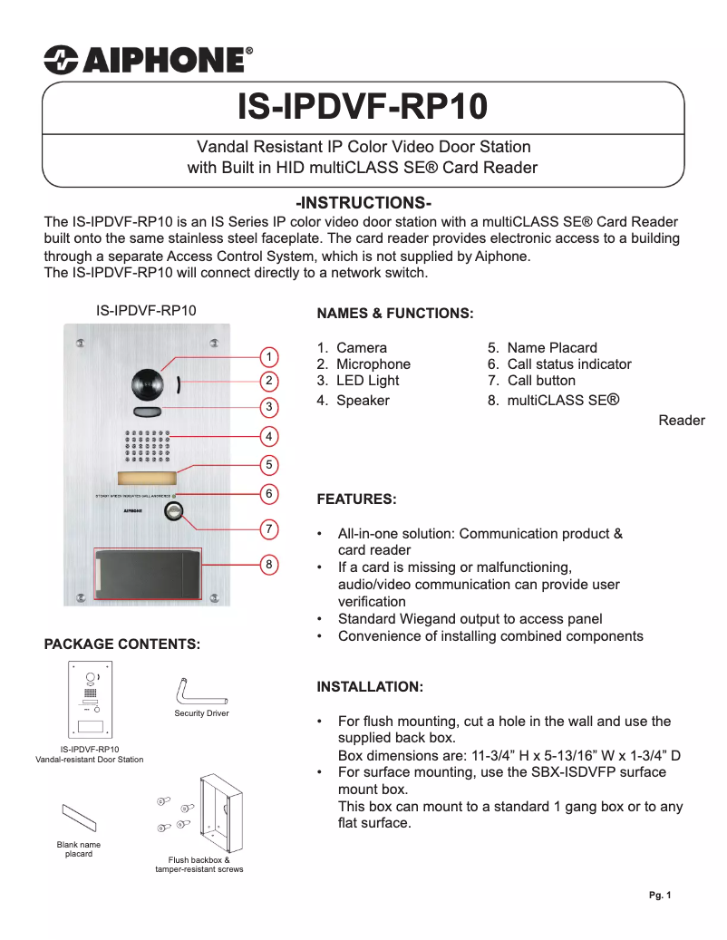 Page 1 of the manual User Manual Aiphone IS-IPDVF-RP10