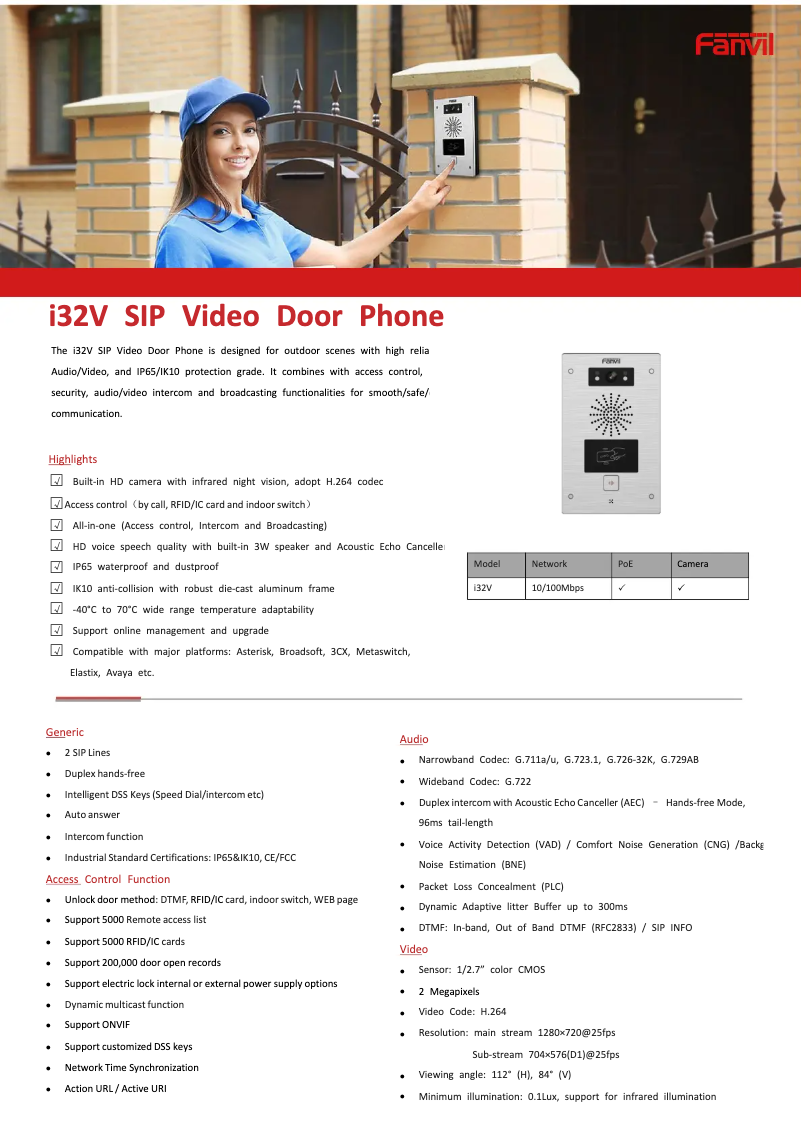 Página 1 del manual Ficha técnica Fanvil i32V