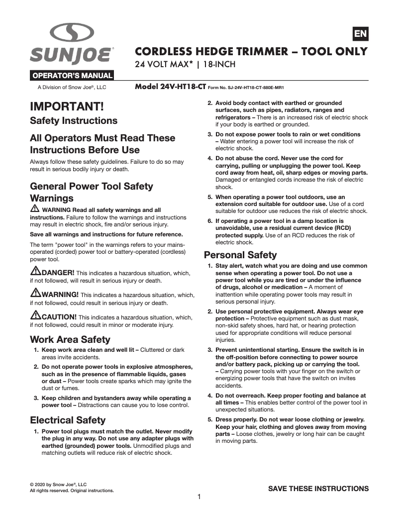 Page 1 de la notice Manuel utilisateur Sun Joe 24V-HT18-CT