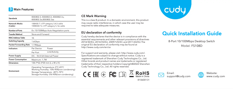 Page 1 de la notice Manuel utilisateur Cudy FS108D