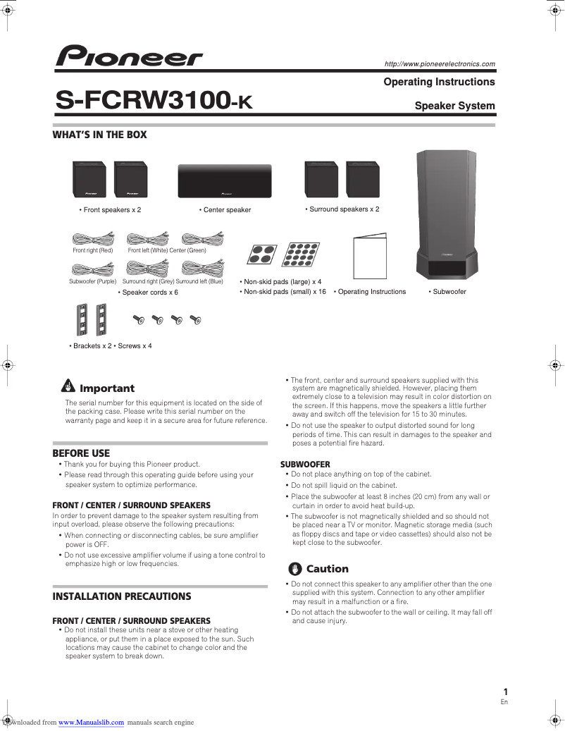 Page 1 de la notice Manuel utilisateur Pioneer S-FCRW3100-K