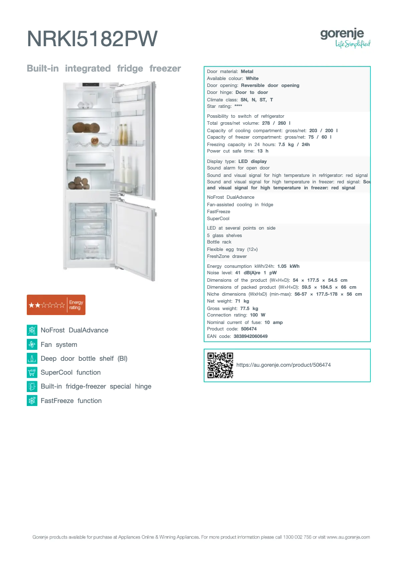 Page 1 de la notice Fiche technique Gorenje NRKI5182PW