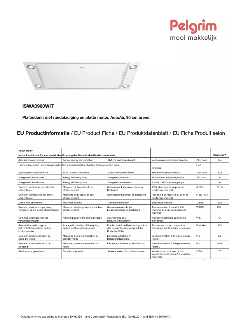 Page 1 de la notice Fiche technique Pelgrim ISWA0960WIT