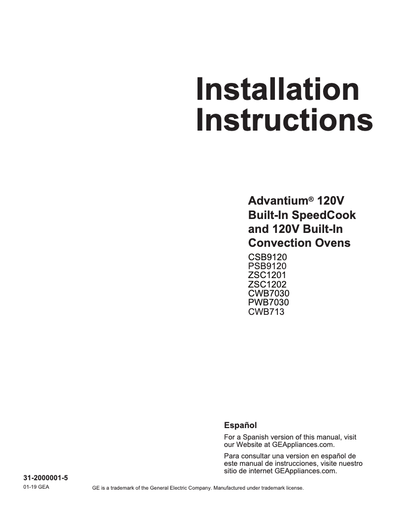 Page n°1 - Guide d'installation GE CWB713P2NS1