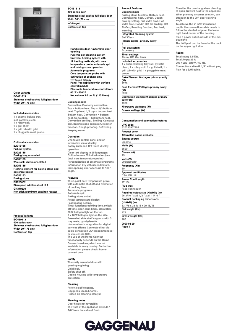 Page 1 de la notice Fiche technique Gaggenau BO481613