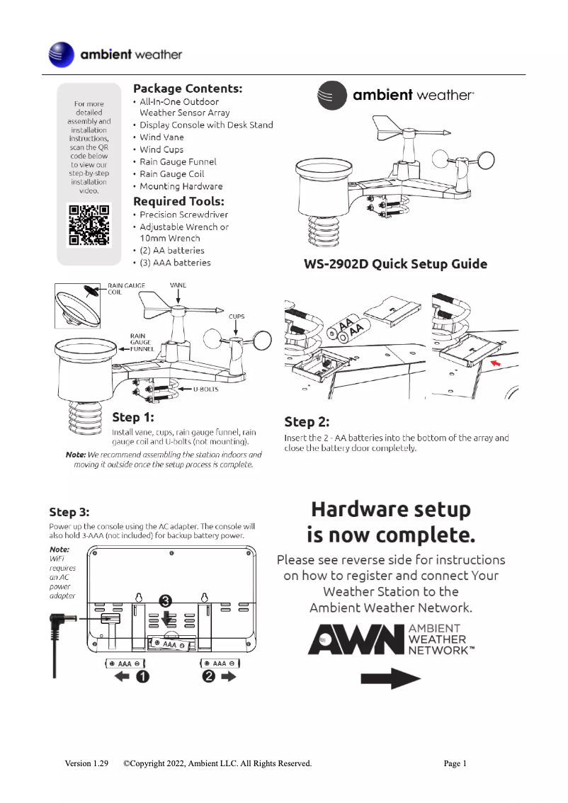 Page 1 de la notice Manuel utilisateur Ambient Weather WS-2902D