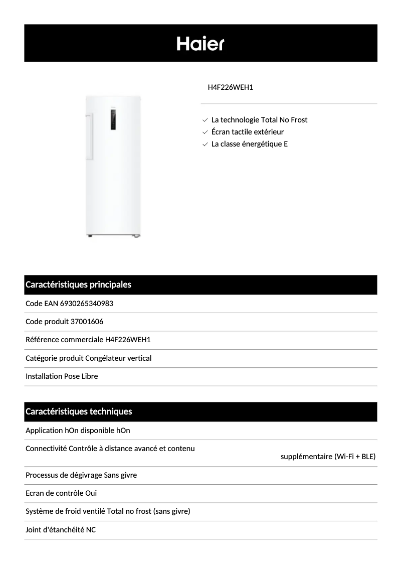 Página 1 del manual Ficha técnica Haier H4F226WEH1