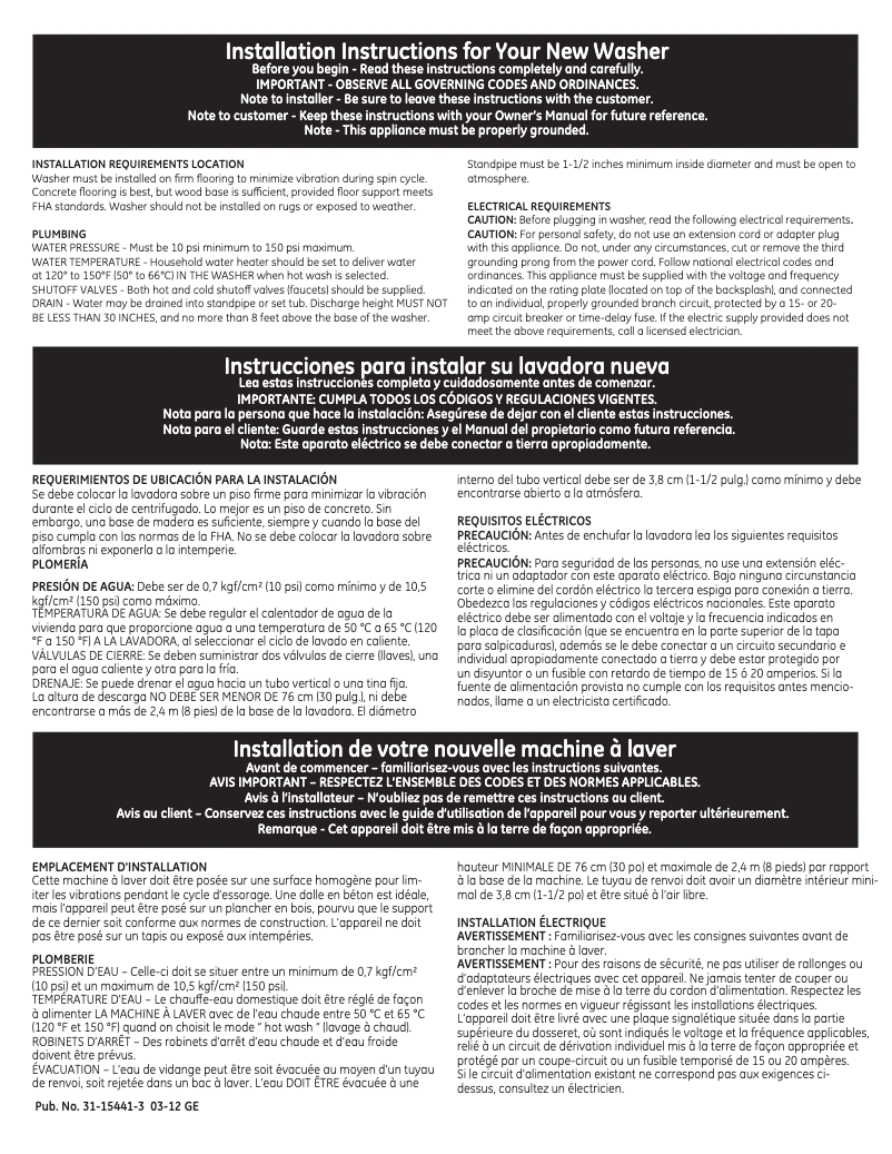 Page 1 de la notice Guide d'installation GE GTWP1800DWW