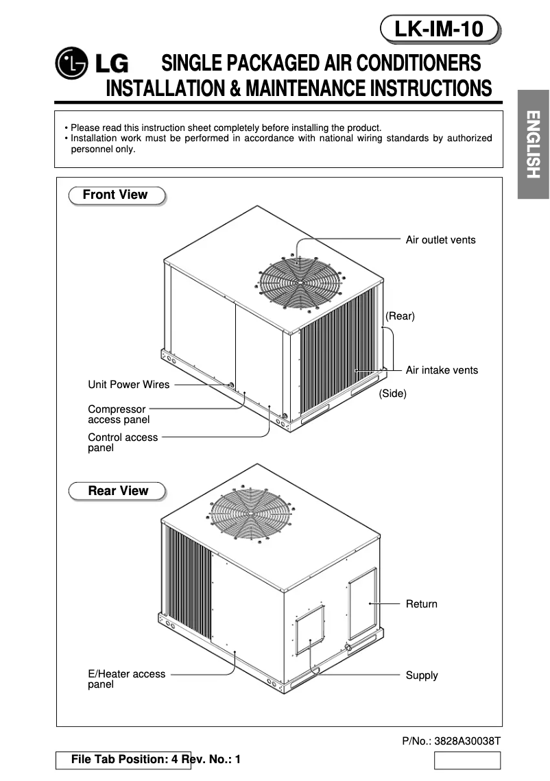 Page 1 of the manual Installation Guide LG LK-0480CH