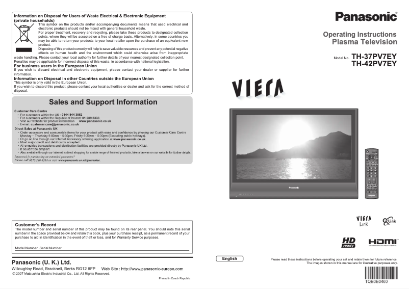 Page 1 of the manual User Manual Panasonic Viera TH-37PV7EY