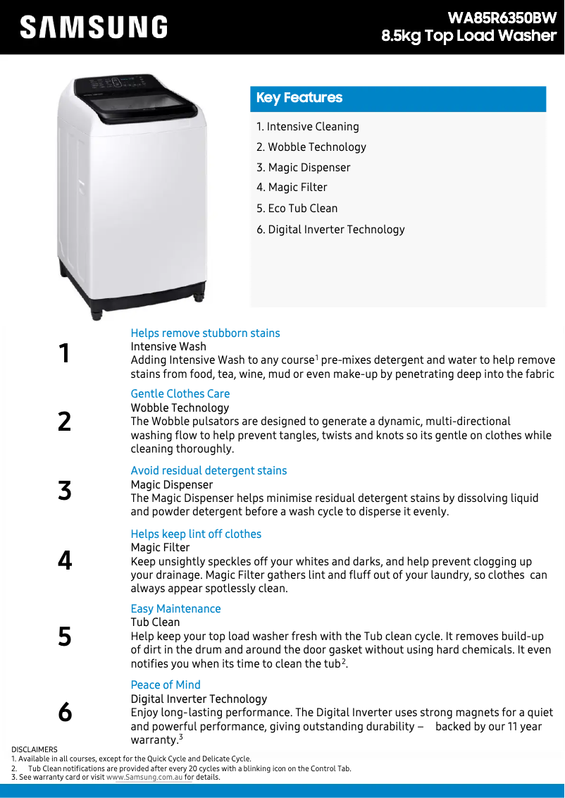 Página 1 del manual Ficha técnica Samsung WA85R6350BW