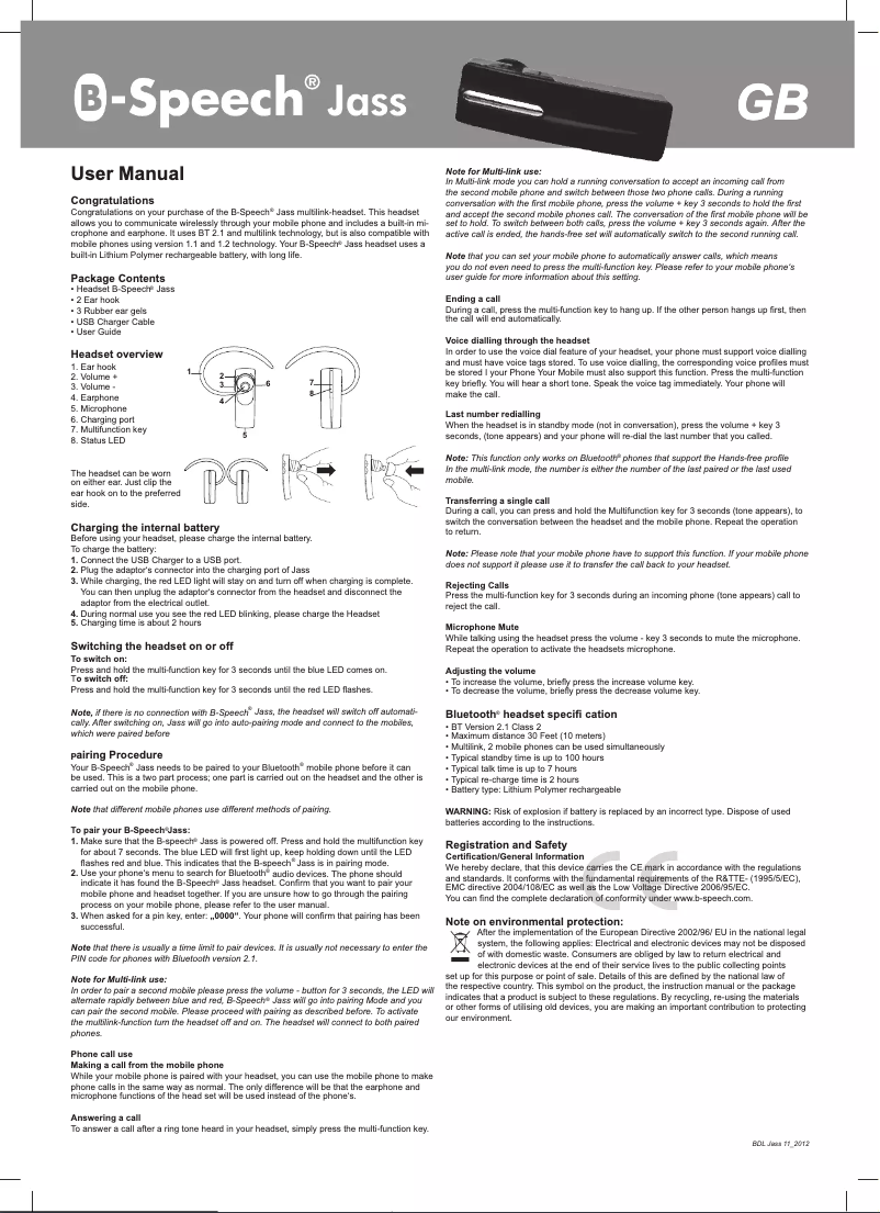 Page 1 de la notice Manuel utilisateur B-Speech Jass
