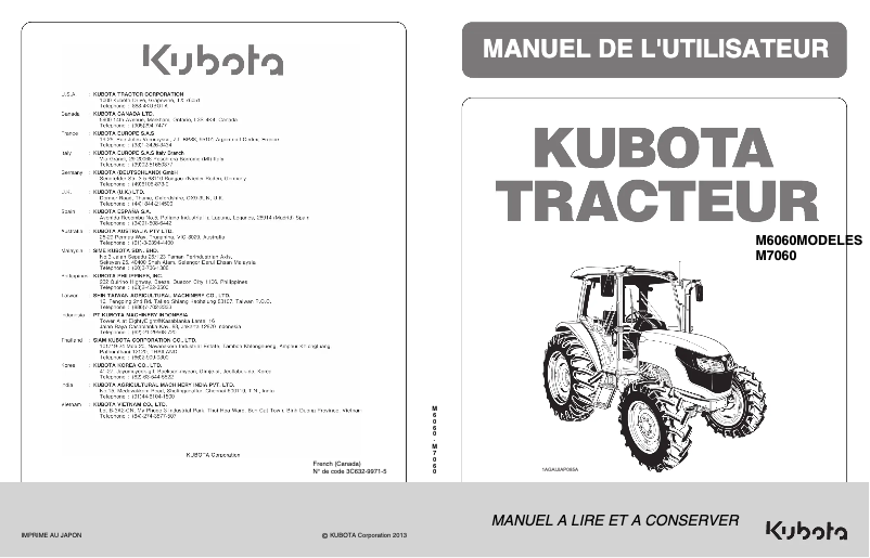 Page 1 de la notice Manuel utilisateur Kubota M7060