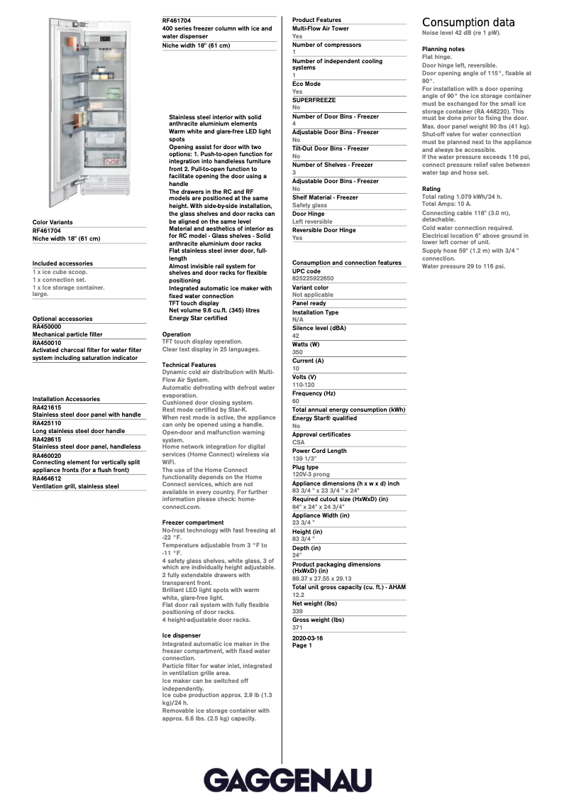 Page 1 de la notice Fiche technique Gaggenau RF461704