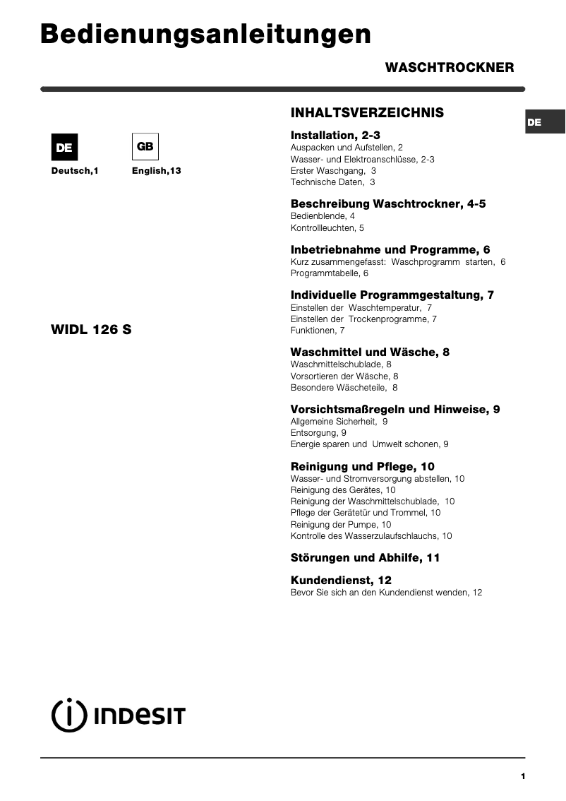 Page n°1 - Manuel utilisateur Indesit WIDL 126 S (DE)