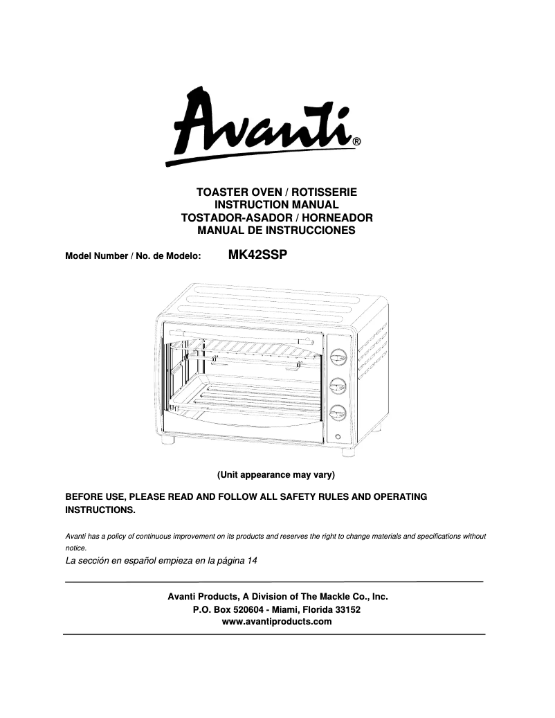 Page 1 de la notice Manuel utilisateur Avanti MK42SSP