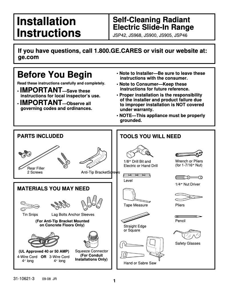 Page 1 of the manual Installation Guide GE JSP42SKSS