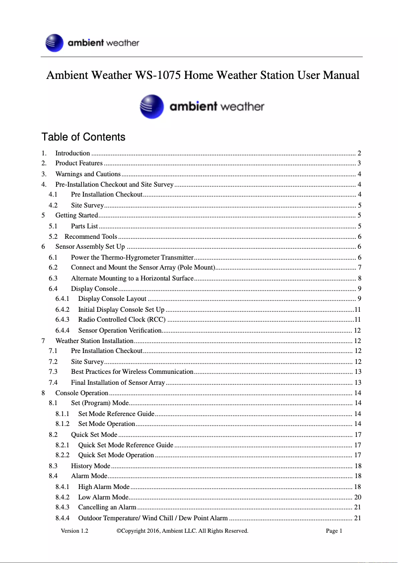 Page 1 de la notice Manuel utilisateur Ambient Weather WS-1075