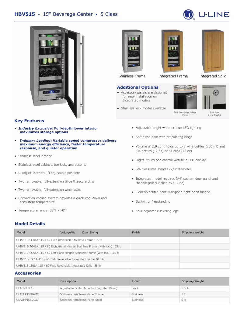 Page 1 de la notice Fiche technique U-Line UHBV515-SG51A